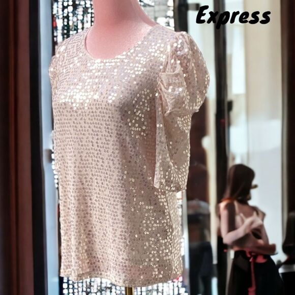 EXPRESS NWT WOMENS MEDIUM SEQUIN EMBELLISHED TOP BLOUSE RUFFLE SLEEVES - Picture 1 of 7
